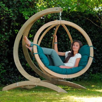 Single Globo Luxury Wooden Hanging Chair and Stand Set Green