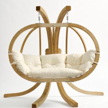 Double Globo Royal Luxury Wooden Hanging Chair and Stand Set Natural