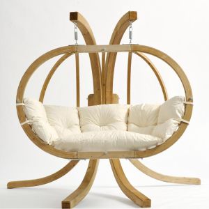 Double Globo Royal Luxury Wooden Hanging Chair and Stand Set Natural