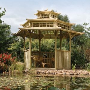 13'2" x 10'10" FT (4 x 3.3m) Oriental 6 Sided Wooden Hexagonal Pagoda Gazebo