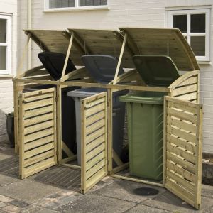 Triple Wooden Rubbish Wheelie Bin Tidy Store